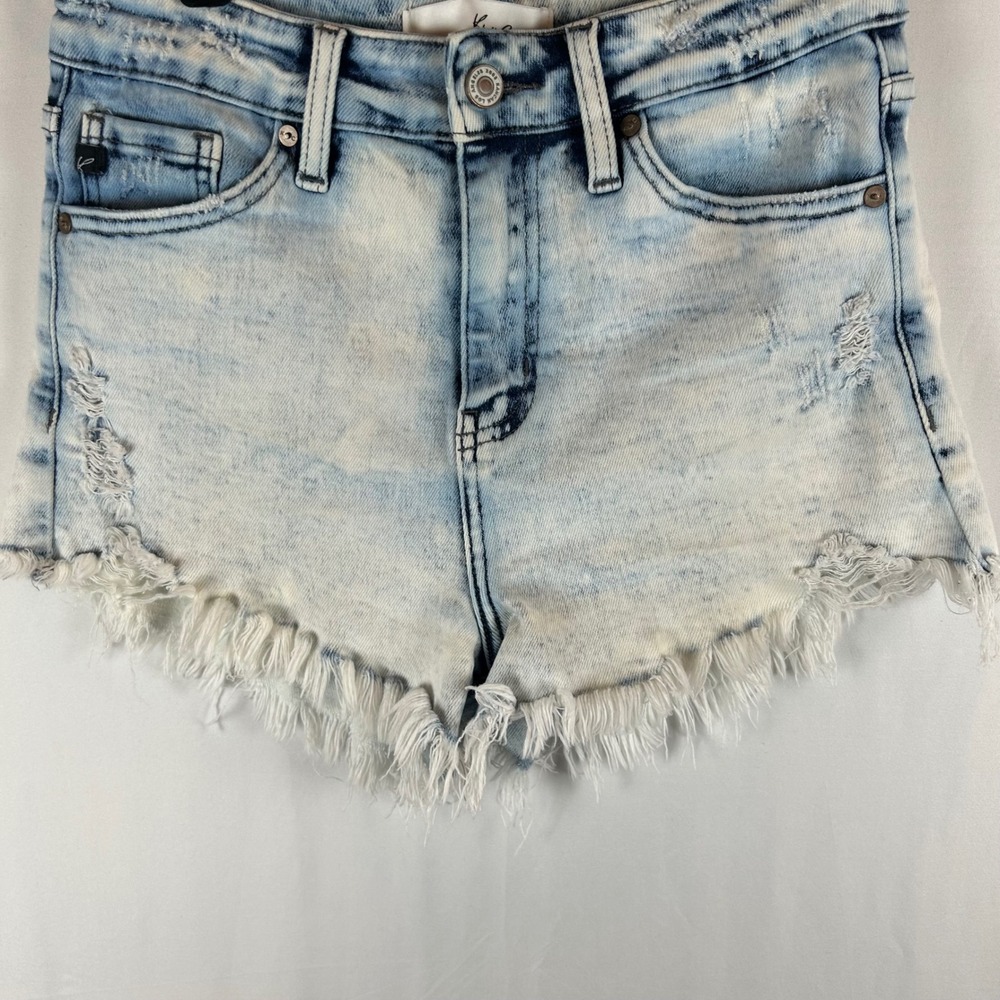 Kancan Womens Denim Shorts Acid Wash Frayed Hem‎ Distressed Blue Size M - Picture 11 of 12